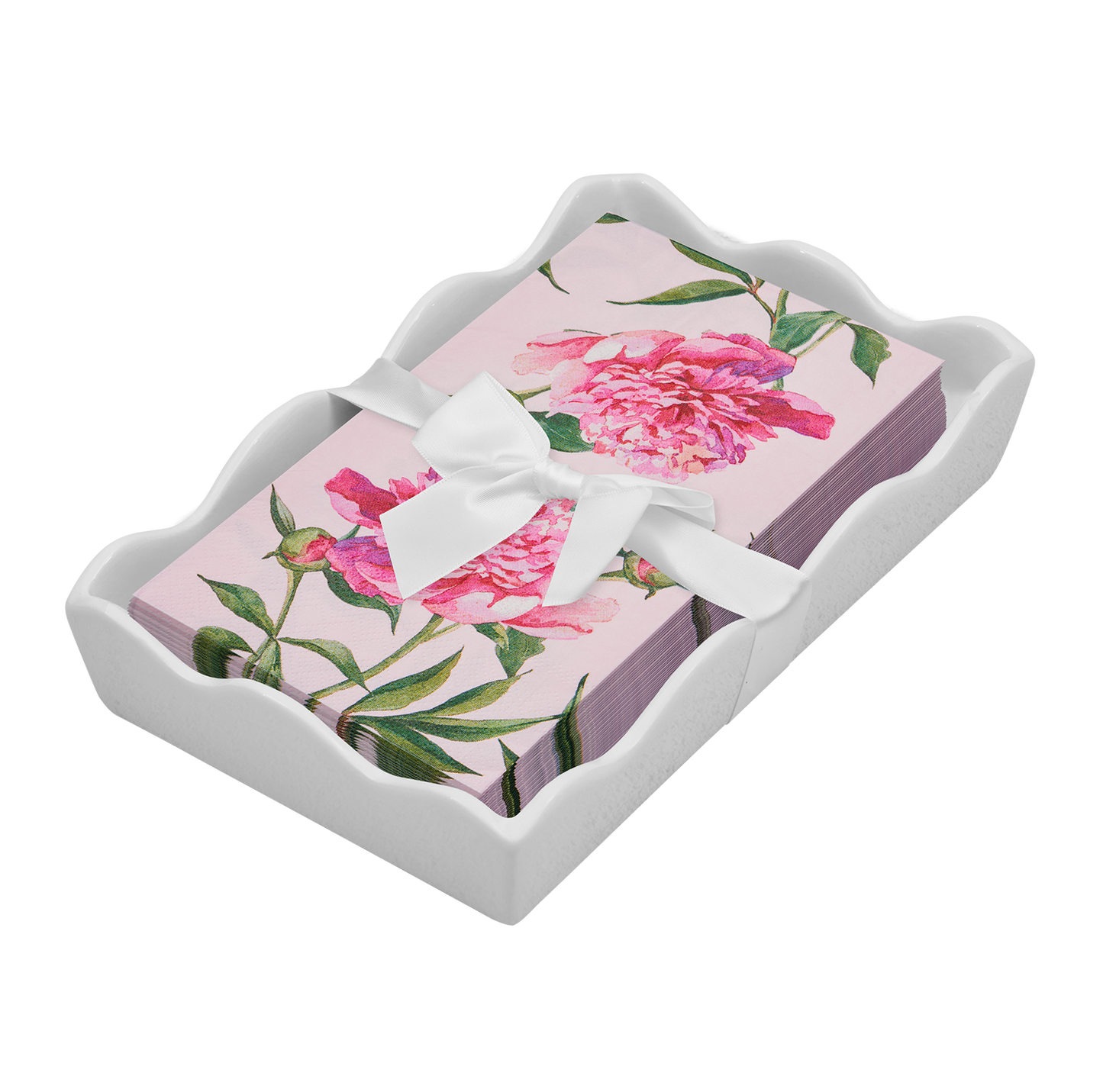 Ceramic Wave Napkin Tray with Guest Towel - Pink Peonies