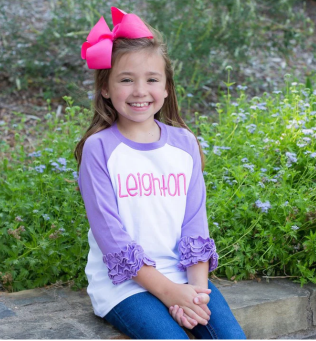 3/4 Ruffle Raglan Shirt -  White/Purple