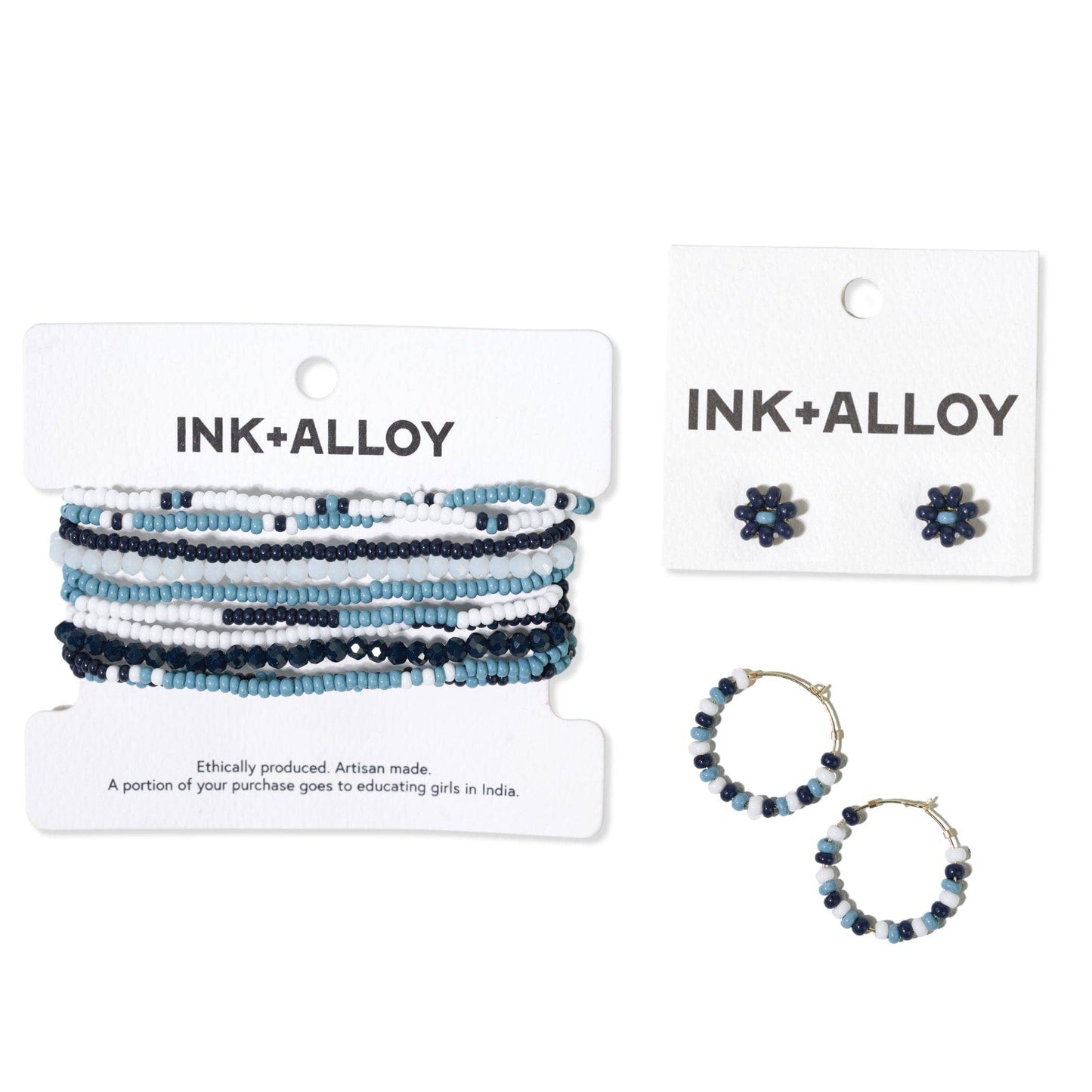 Game Day Mixed Seed Bead Hoop Earring Navy and Light Blue Wholesale