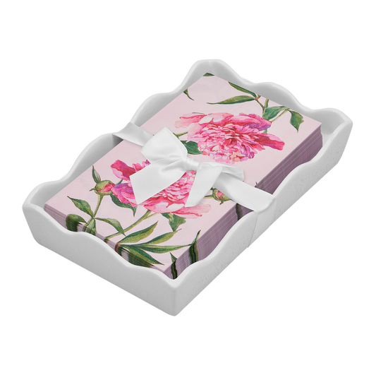 Ceramic Wave Napkin Tray with Guest Towel - Pink Peonies