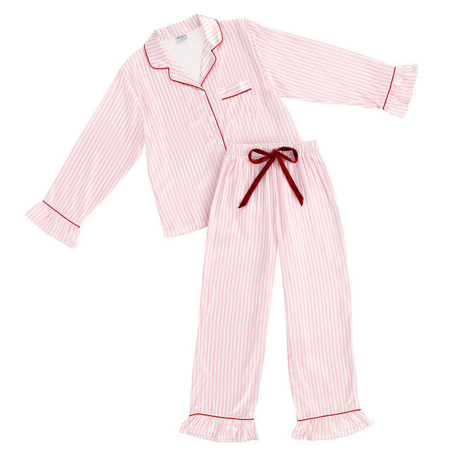 Full-Length Ruffle PJ Set - White + Light Pink Stripe