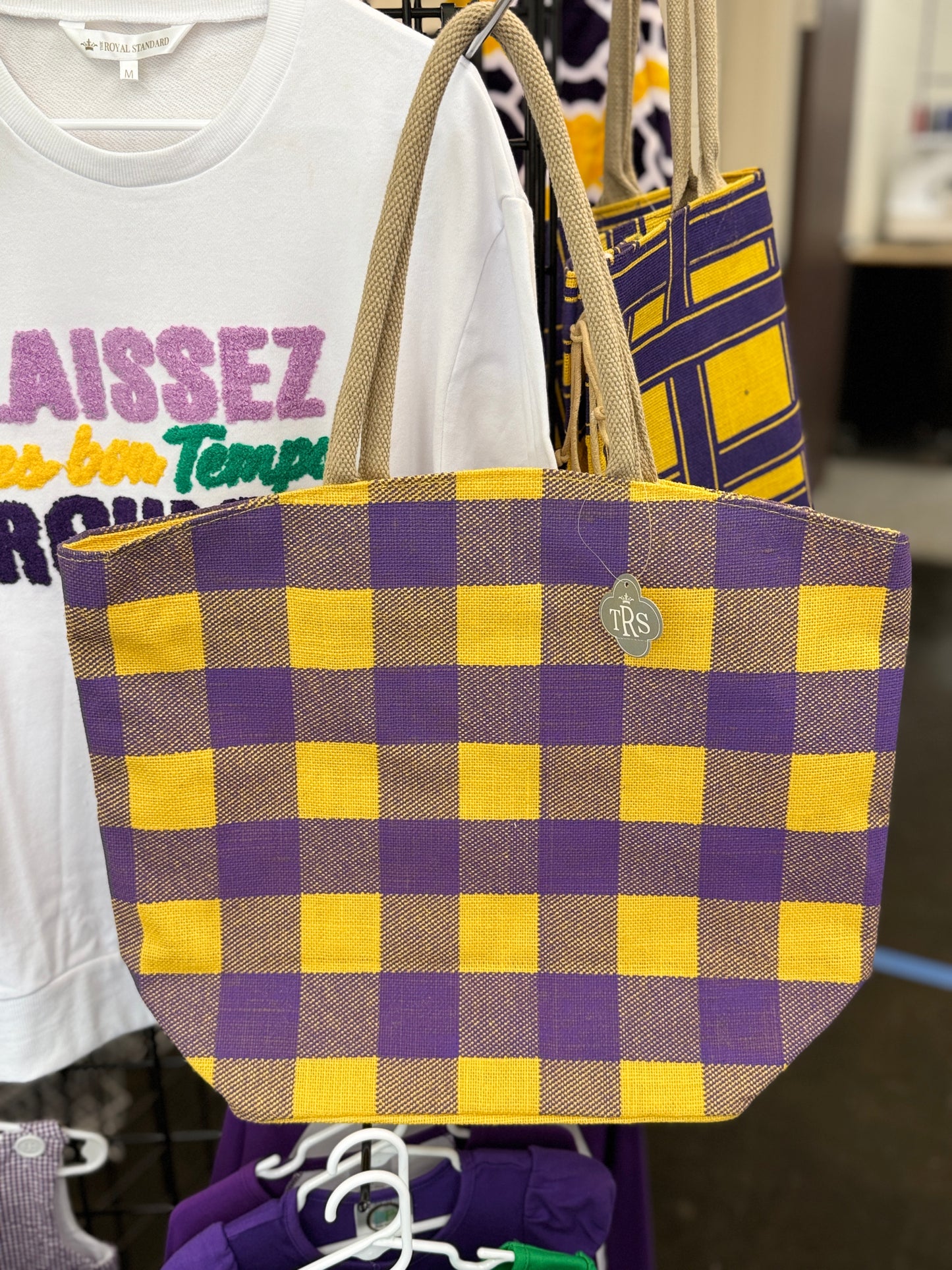 Purple/Gold Buffalo Check Jute Tote