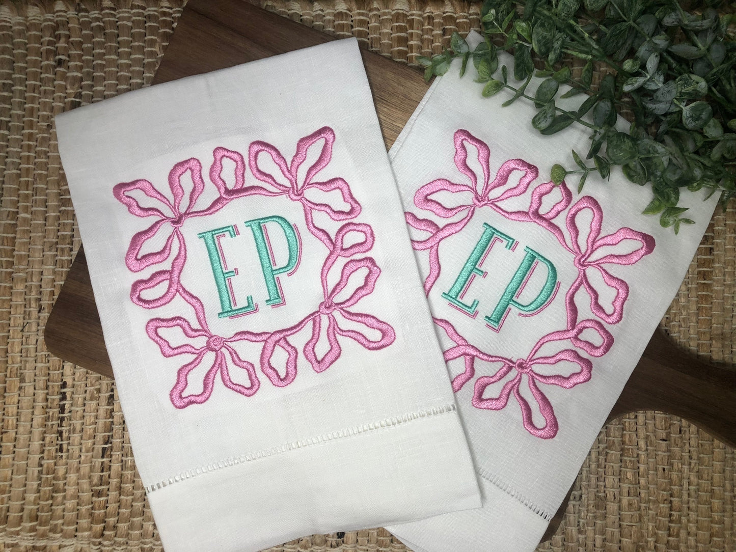 Ribbon Square Frame with Monogram Linen Hemstitch Hand Towel