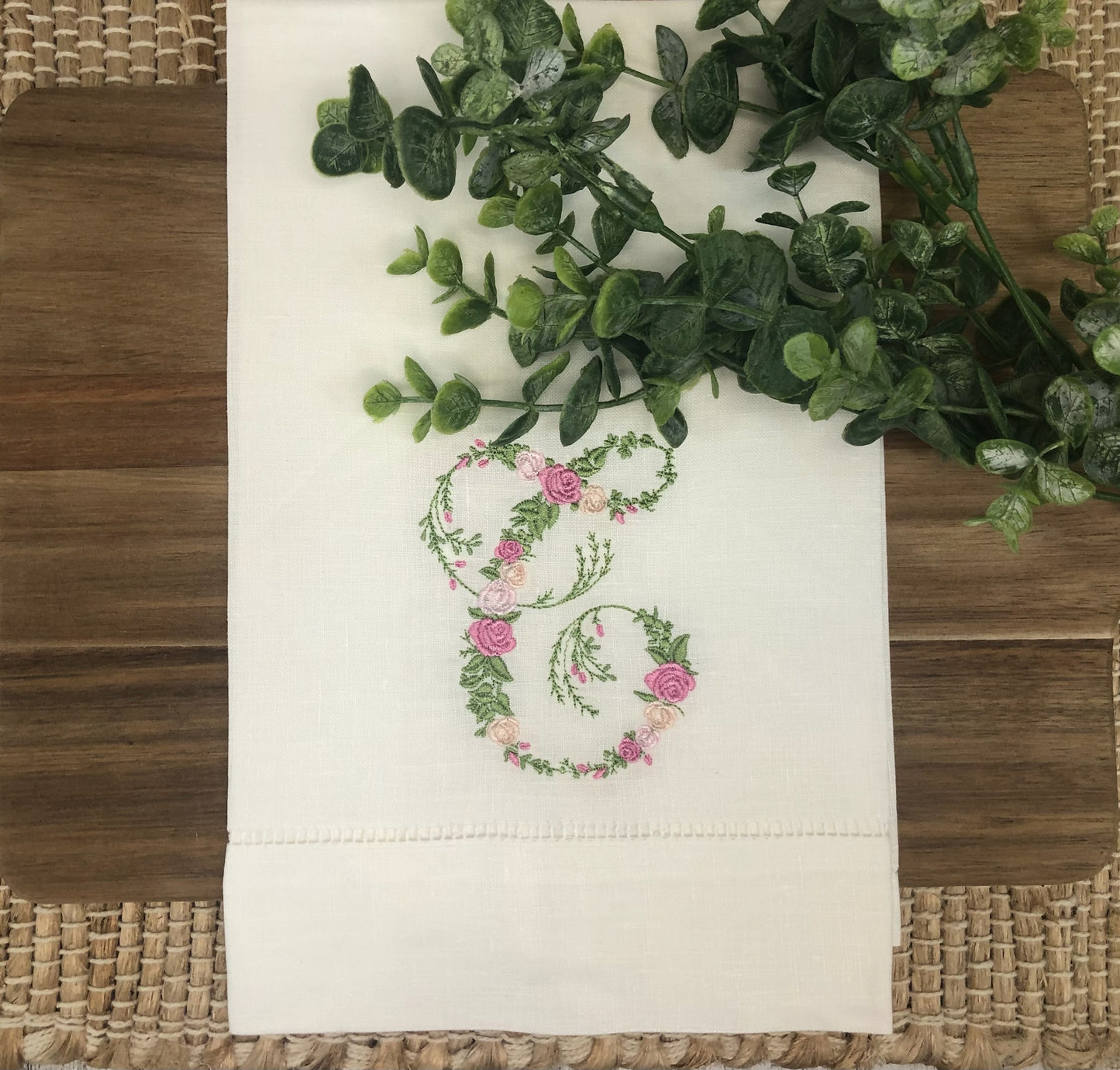 Floral Initial Hemstitch Hand Towel