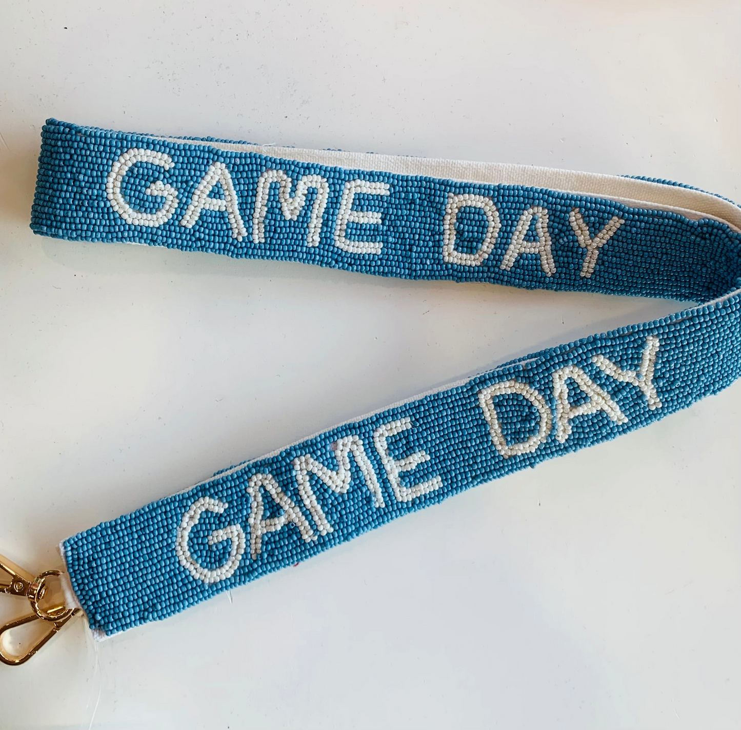 Game Day Beaded Purse Strap - Light Blue and White