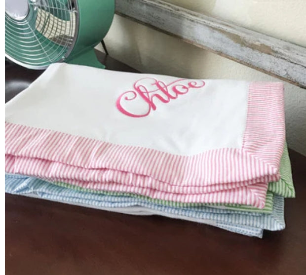 Baby Blanket with Pink Seer Sucker Trim
