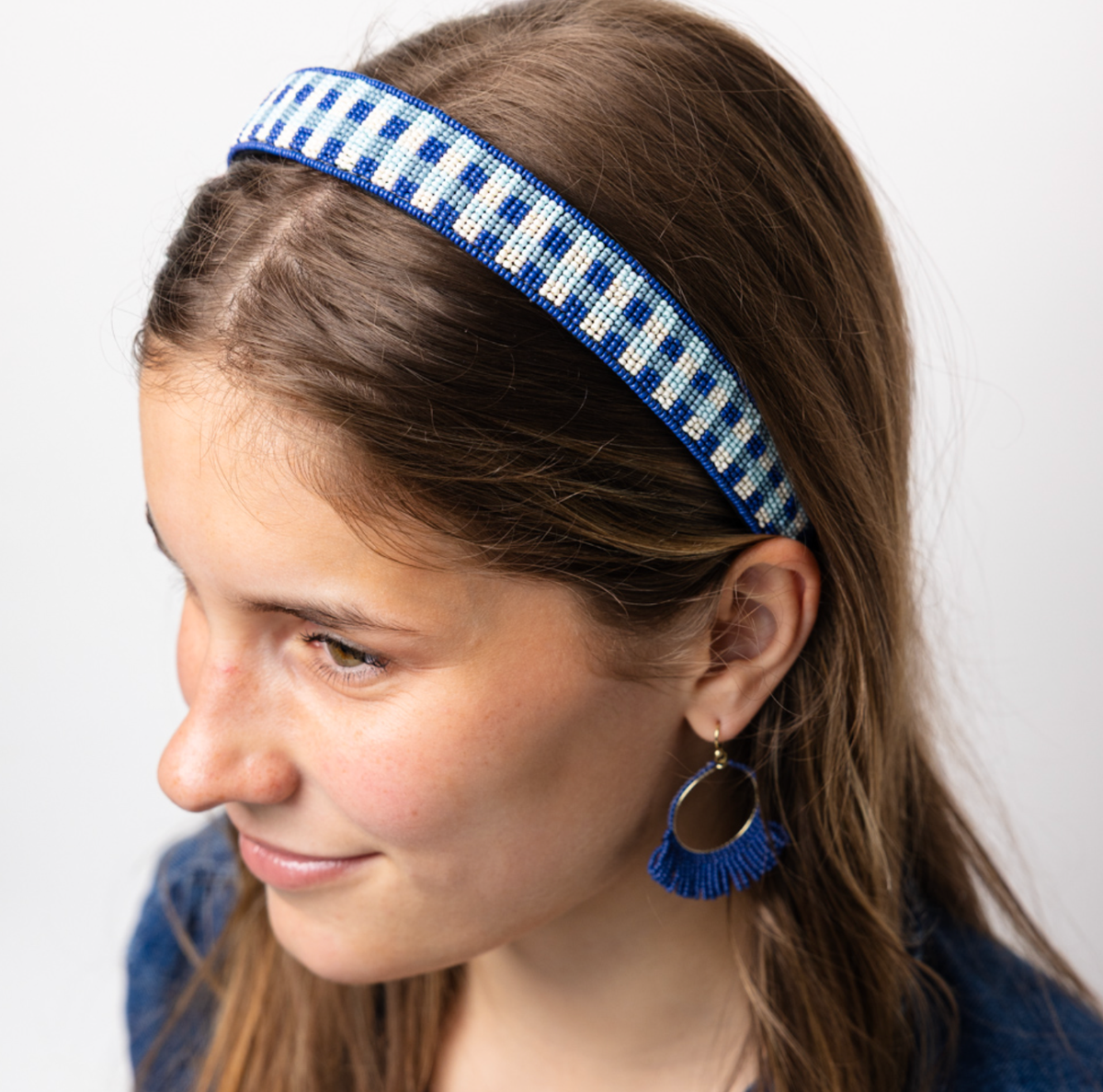 Stevie Gingham Beaded Headband Blue